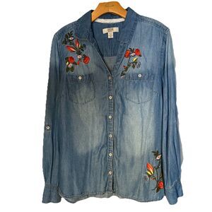 Vintage America Blues Chambray Rose Floral Embroidered Blouse Long Sleeve SZ  XL
